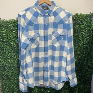 RRL Blue & White Plaid Western Shirt – Cotton/Linen Blend